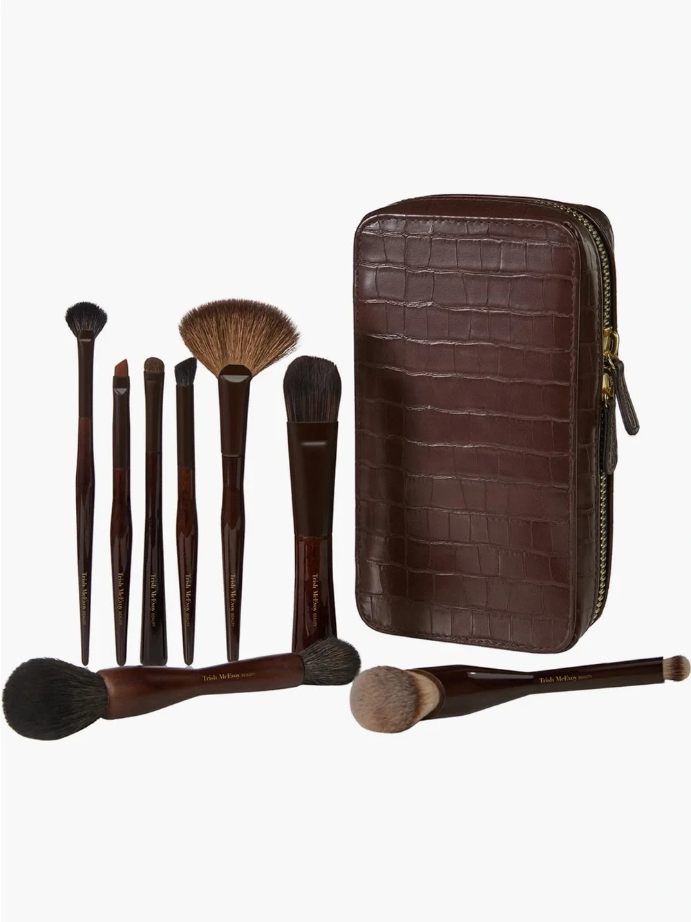 Trish McEvoy Dark Brown Croc-Embossed Brush Set with Zip Case